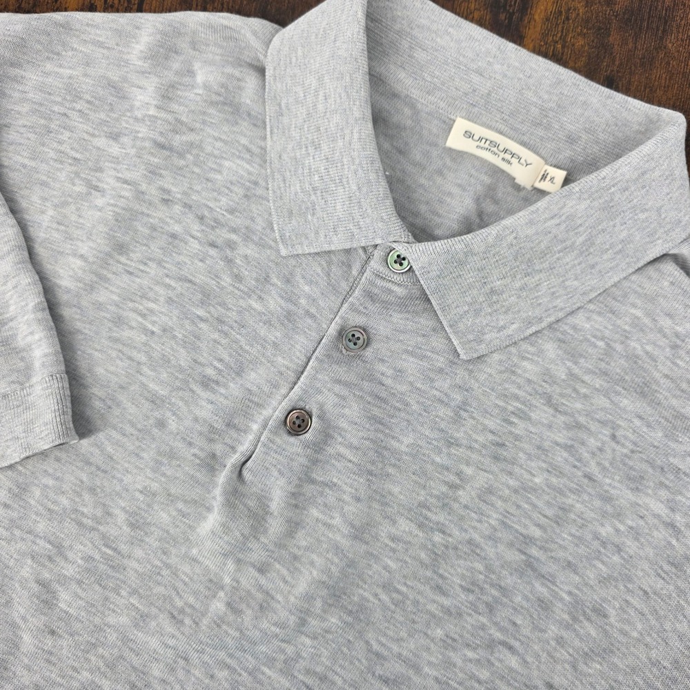 Suitsupply Cotton Silk Knit Polo Shirt Mens XL Light Grey Short Sleeve Luxury
